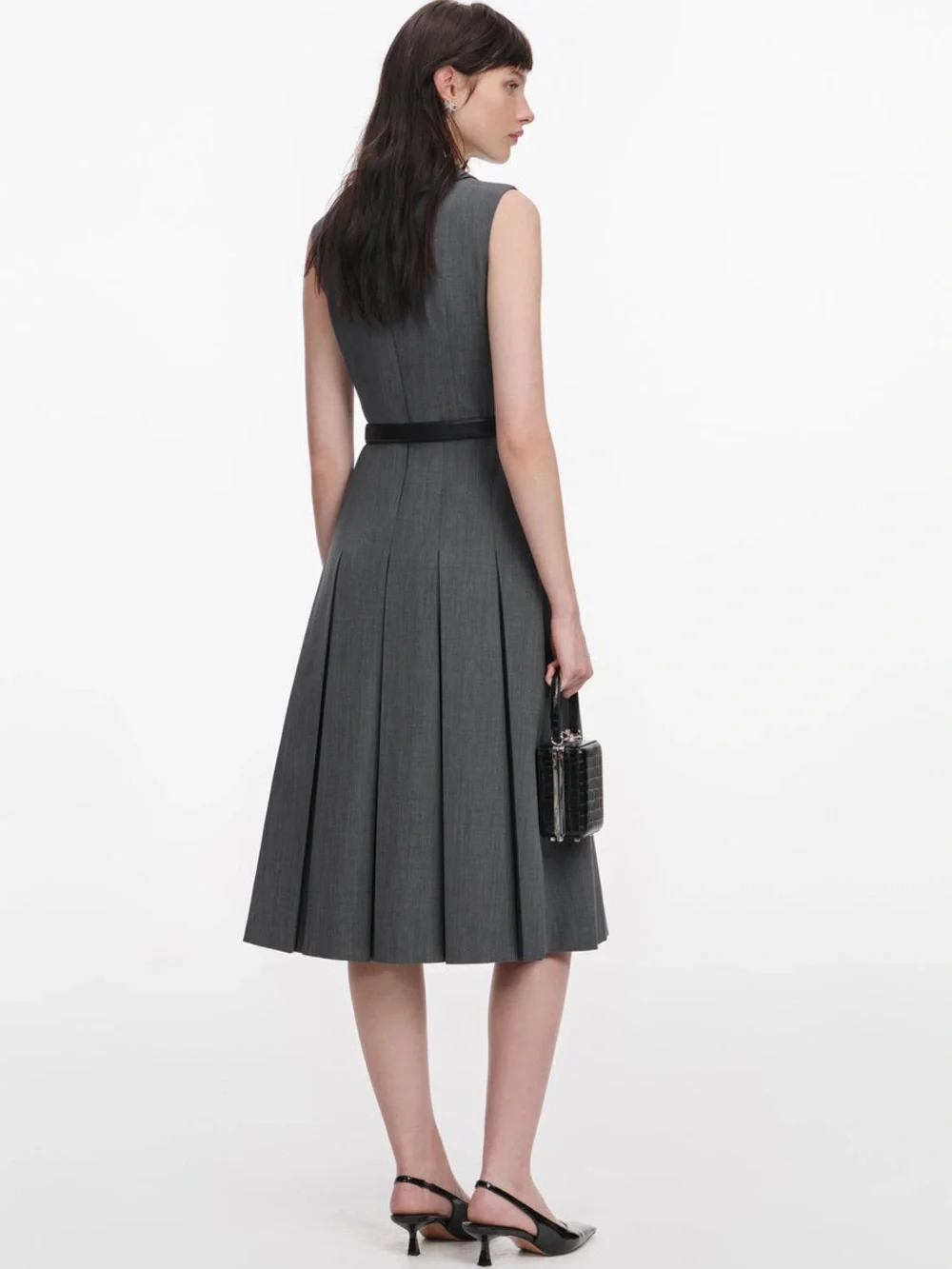 NWOT Self-Portrait GREY TAILORED PLEATED MIDI DRESS - Picture 6 of 12